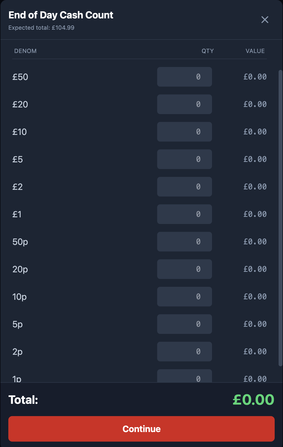 POS cash count screenshot